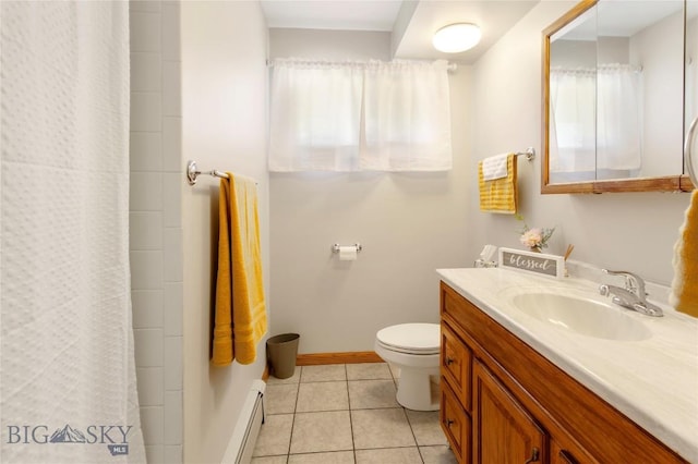 full bathroom with baseboards, toilet, tile patterned floors, baseboard heating, and vanity