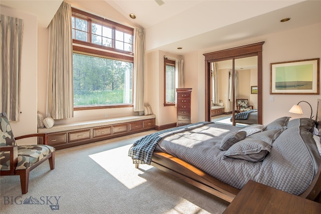 bedroom with carpet, lofted ceiling, and multiple windows