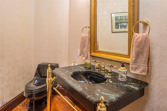 bathroom featuring hardwood / wood-style floors and vanity