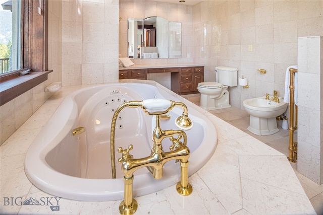 bathroom with a relaxing tiled tub, a bidet, toilet, and tile walls