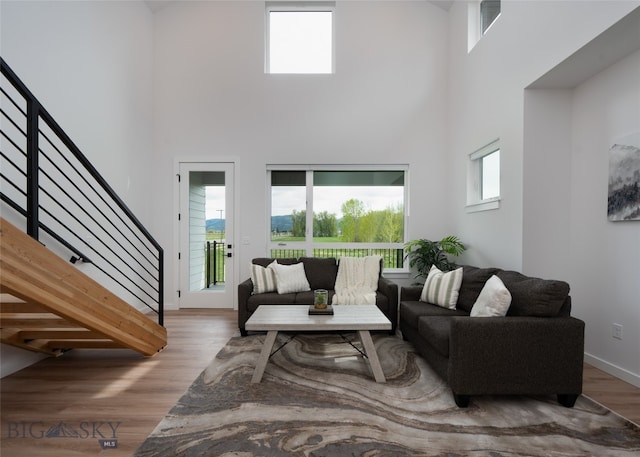 living room featuring hardwood / wood-style flooring and a towering ceiling