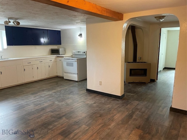 kitchen featuring white range with electric stovetop, blue cabinets, dark hardwood / wood-style flooring, beamed ceiling, and sink