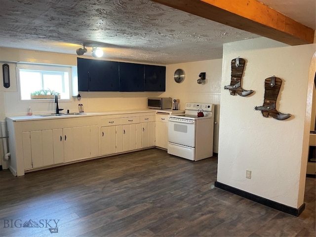 kitchen featuring electric stove, sink, a textured ceiling, beam ceiling, and dark hardwood / wood-style flooring