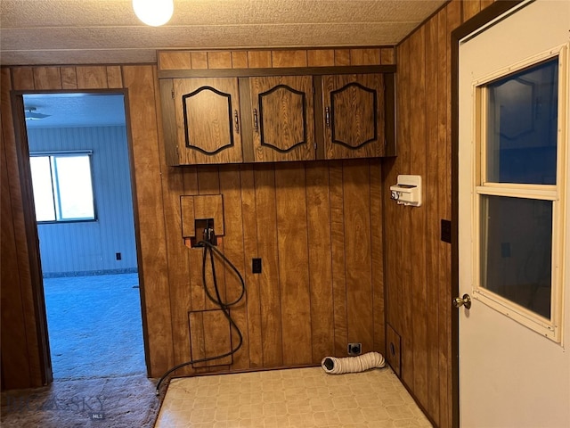 laundry area with hookup for a washing machine, wood walls, light colored carpet, and cabinets