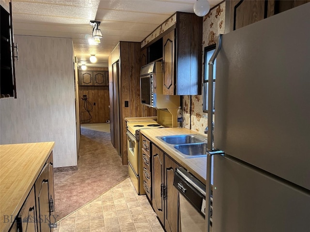 kitchen with white range with electric cooktop, sink, light colored carpet, stainless steel dishwasher, and refrigerator