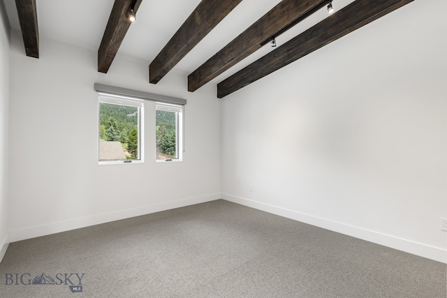 empty room featuring beamed ceiling and carpet