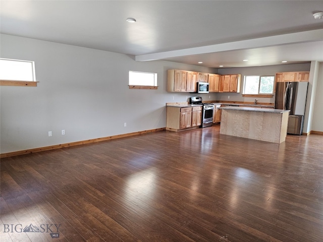 living room with dark hardwood / wood-style flooring