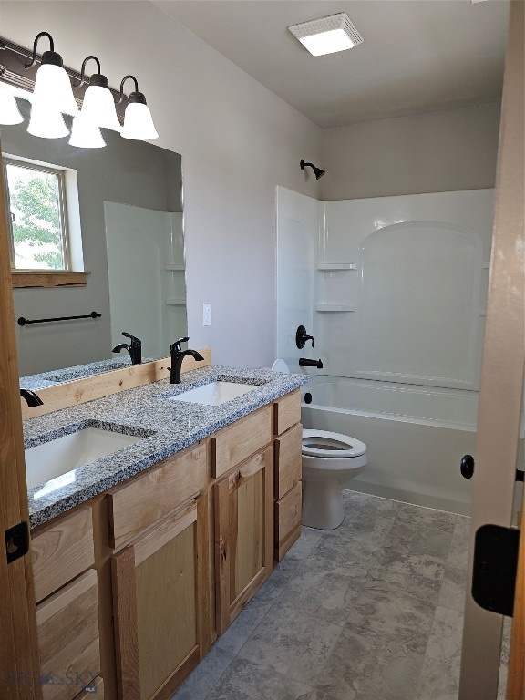 full bathroom with toilet, shower / tub combination, tile patterned flooring, and double vanity