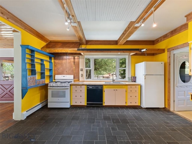 kitchen featuring sink, white appliances, rail lighting, and baseboard heating