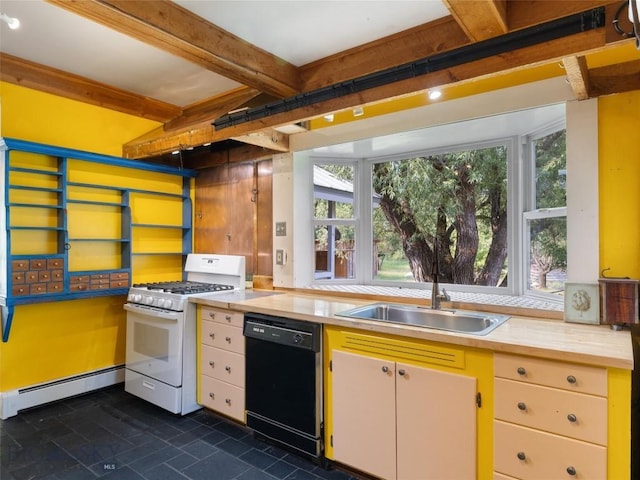 kitchen featuring sink, gas range gas stove, dishwasher, beam ceiling, and a baseboard heating unit