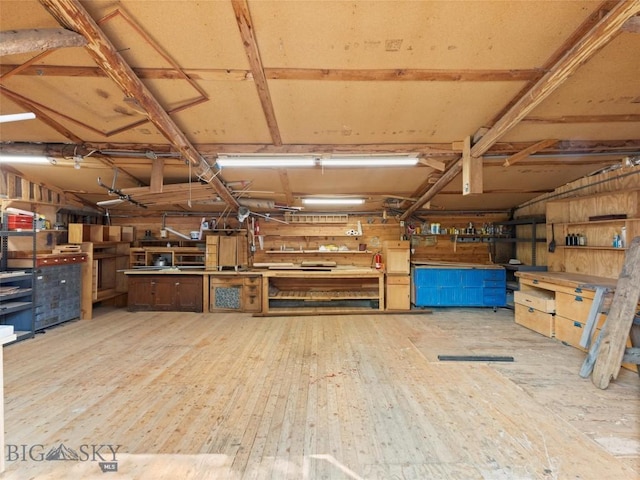 miscellaneous room featuring hardwood / wood-style flooring and a workshop area