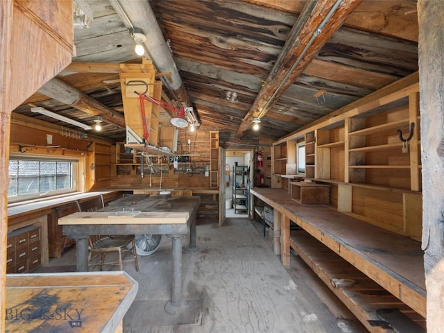 miscellaneous room with vaulted ceiling, wooden walls, and a workshop area