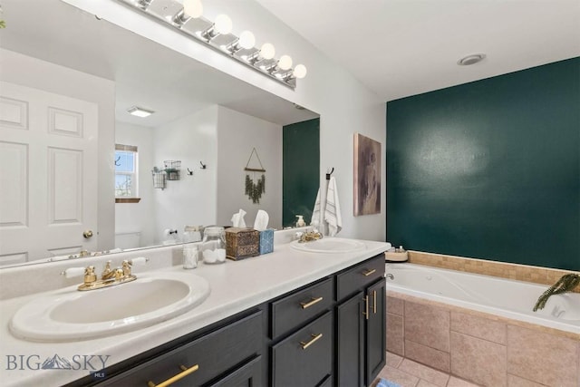 bathroom featuring toilet, tile patterned flooring, a relaxing tiled tub, and vanity