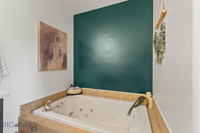 bathroom with a relaxing tiled tub