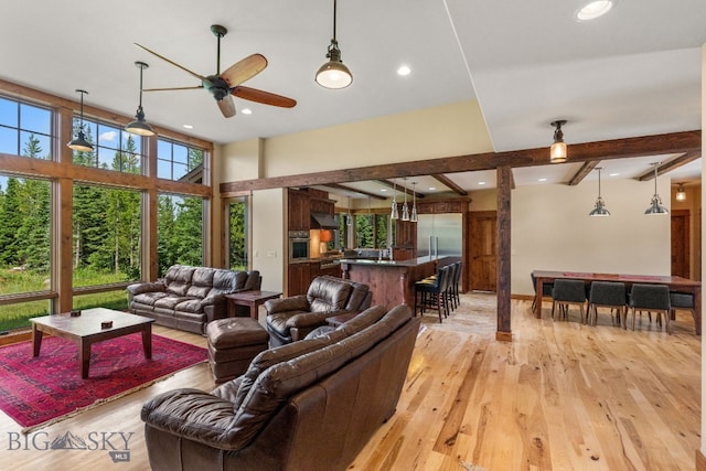 living room with a high ceiling, light hardwood / wood-style flooring, and ceiling fan