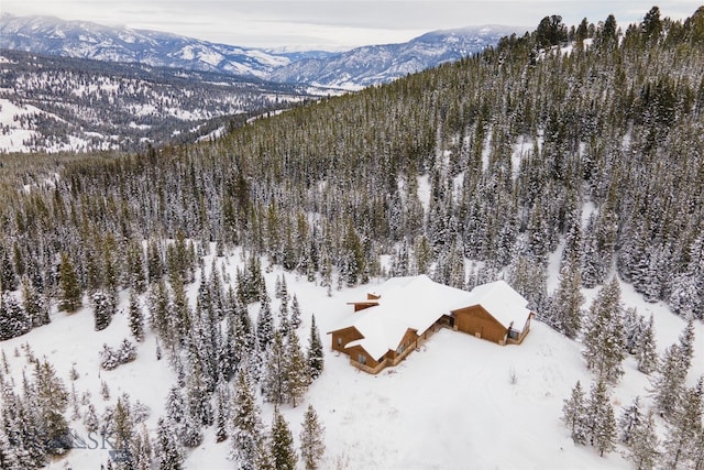 snowy aerial view with a mountain view