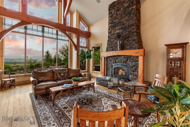 living room featuring a stone fireplace, hardwood / wood-style floors, and high vaulted ceiling