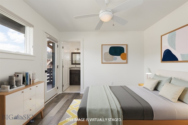 bedroom featuring wood-type flooring, access to outside, ensuite bathroom, and ceiling fan