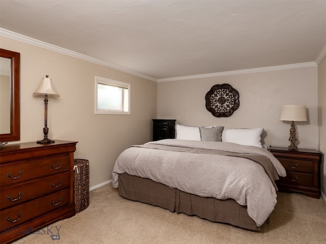 bedroom with crown molding and light carpet