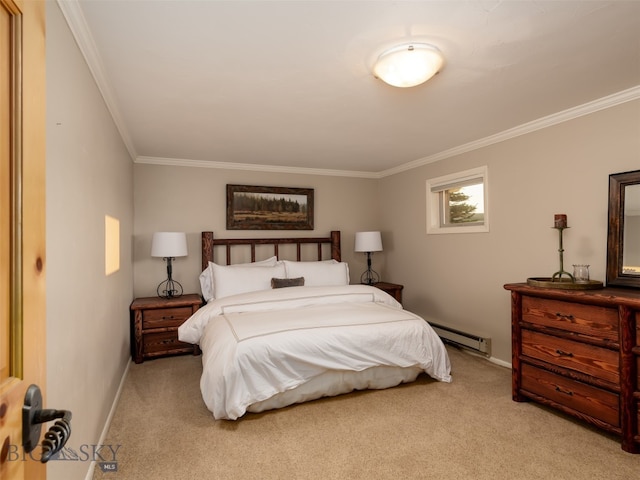 carpeted bedroom featuring ornamental molding and a baseboard heating unit