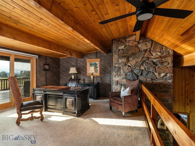 living room featuring wood ceiling, carpet, ceiling fan, and a wood stove