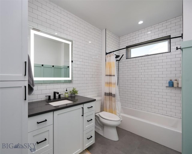 full bathroom featuring tile walls, decorative backsplash, tile patterned flooring, shower / tub combo, and toilet