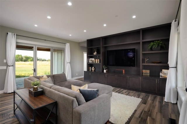 living room with dark hardwood / wood-style flooring and built in shelves