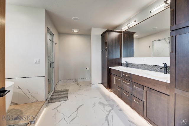 bathroom featuring dual vanity, tile patterned flooring, and an enclosed shower