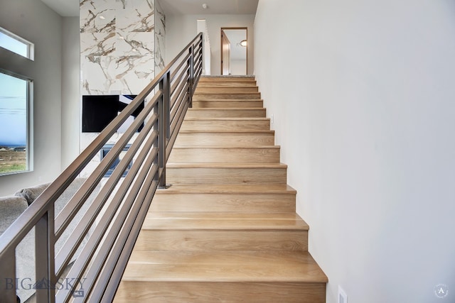 stairway with a high ceiling