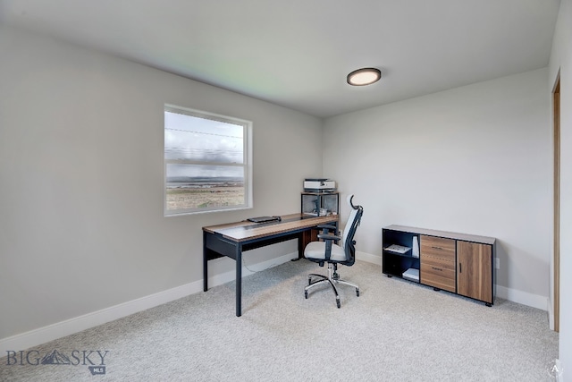 office area featuring light carpet