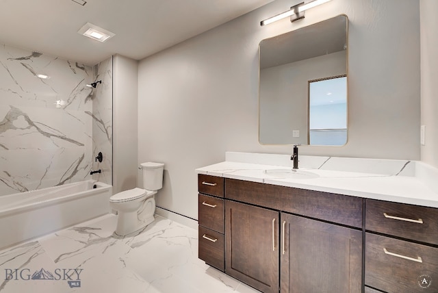 full bathroom featuring tiled shower / bath combo, tile patterned floors, toilet, and vanity