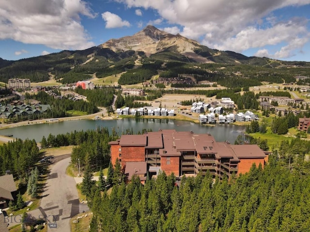 drone / aerial view featuring a water and mountain view