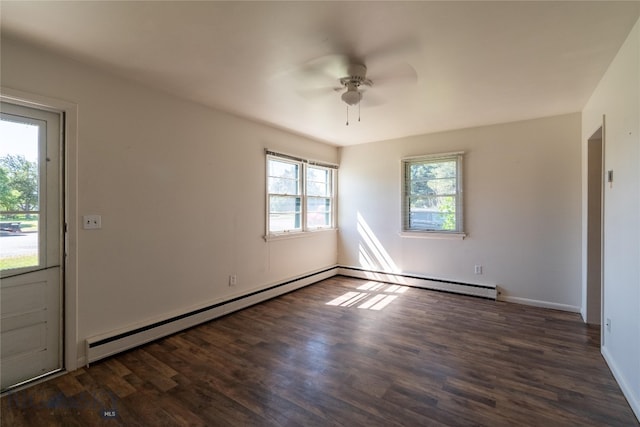 unfurnished room with a baseboard radiator, dark hardwood / wood-style floors, and ceiling fan