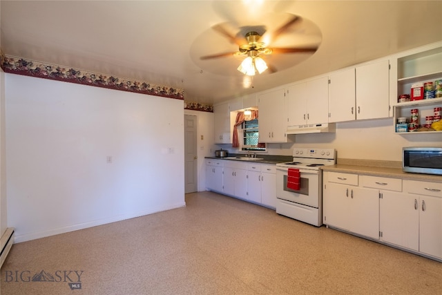 kitchen featuring white cabinetry, ceiling fan, sink, baseboard heating, and white range with electric cooktop