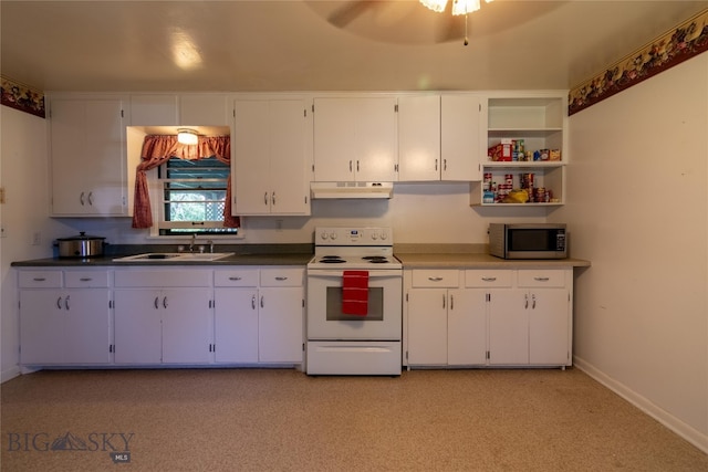 kitchen featuring white range with electric cooktop, white cabinets, ceiling fan, light colored carpet, and sink