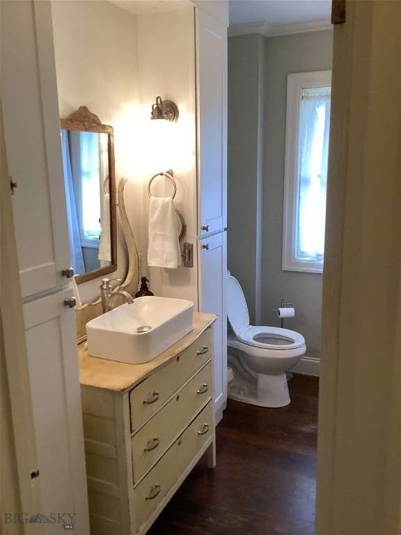 bathroom with toilet, wood finished floors, vanity, baseboards, and ornamental molding