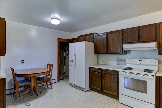 kitchen featuring dark brown cabinetry, white appliances, and light tile patterned floors