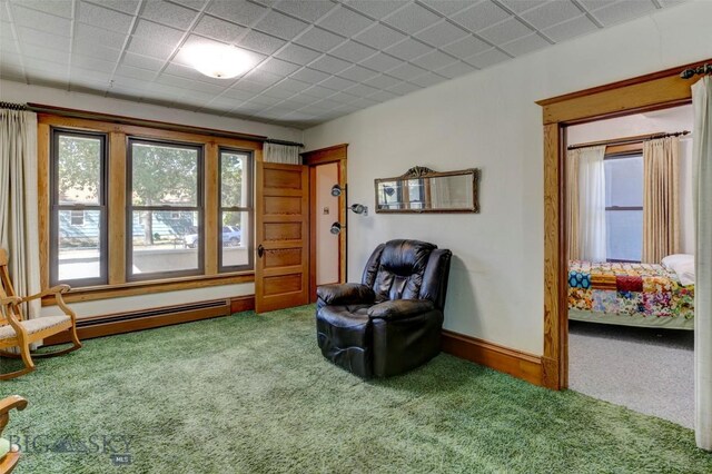 sitting room featuring carpet flooring and a baseboard radiator