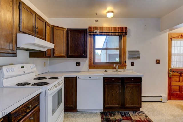 kitchen featuring a baseboard heating unit, white appliances, and sink