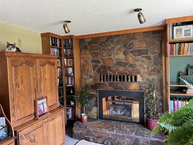 living area with a textured ceiling and a stone fireplace