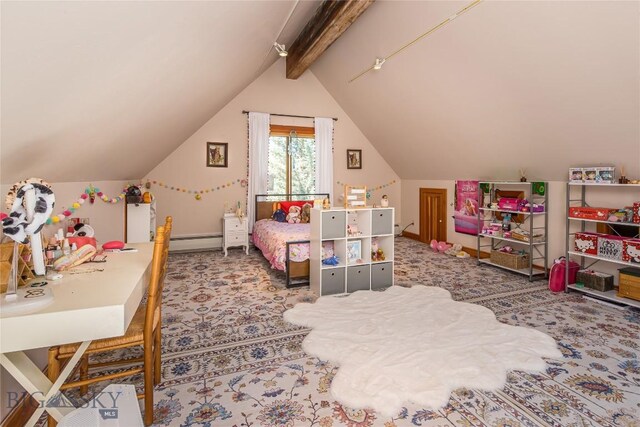 bedroom featuring carpet flooring, baseboard heating, and vaulted ceiling with beams