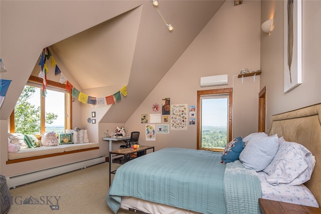 carpeted bedroom featuring an AC wall unit, multiple windows, a baseboard heating unit, and vaulted ceiling