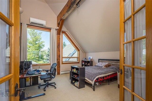 carpeted bedroom featuring a baseboard radiator, a wall unit AC, and lofted ceiling