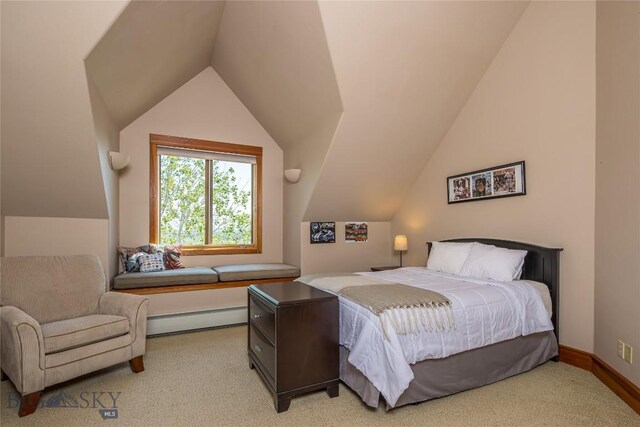 bedroom featuring a baseboard radiator, vaulted ceiling, and light colored carpet