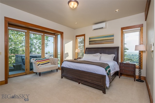 bedroom with light carpet, multiple windows, and an AC wall unit