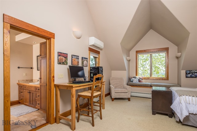 carpeted office space featuring vaulted ceiling, a wall mounted air conditioner, a baseboard radiator, and sink