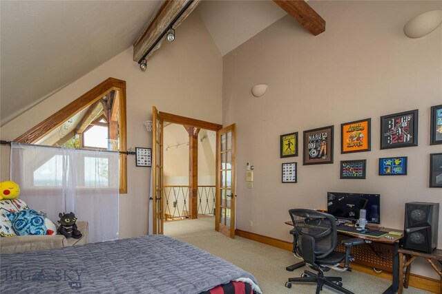 bedroom featuring carpet floors, high vaulted ceiling, beamed ceiling, and french doors