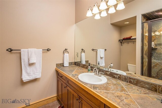 bathroom with vanity, toilet, and an enclosed shower