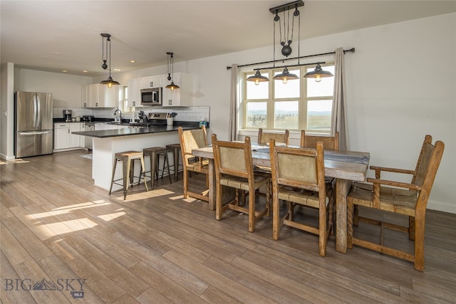 dining room with sink and hardwood / wood-style flooring