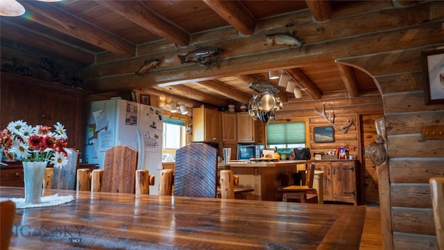 dining space with beam ceiling, wood-type flooring, log walls, and wood ceiling